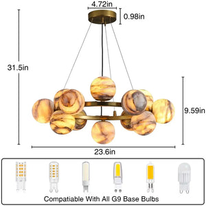 Mid Century Modern Sputnik 12 Light Gold Alabaster Globe Chandelier - Arialamps