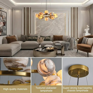 Mid Century Modern Sputnik 12 Light Gold Alabaster Globe Chandelier - Arialamps