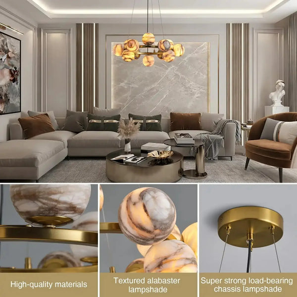 Mid Century Modern Sputnik 12 Light Gold Alabaster Globe Chandelier - Arialamps