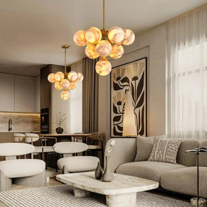 Mid Century Modern Sputnik 12 Light Gold Alabaster Globe Chandelier - Arialamps