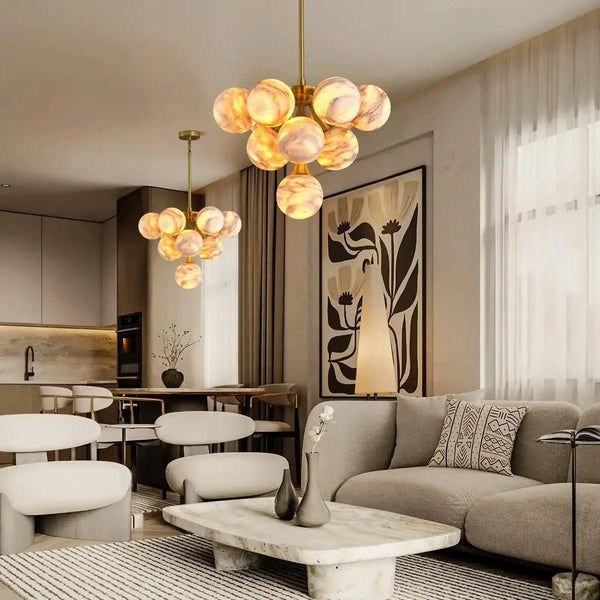 Mid Century Modern Sputnik 12 Light Gold Alabaster Globe Chandelier - Arialamps