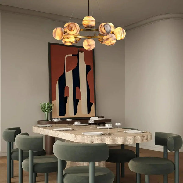 Mid Century Modern Sputnik 12 Light Gold Alabaster Globe Chandelier - Arialamps