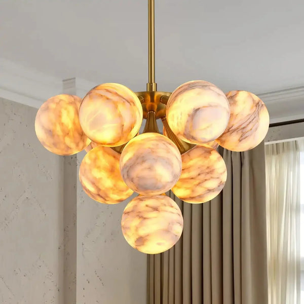 Mid Century Modern Sputnik 12 Light Gold Alabaster Globe Chandelier - Arialamps