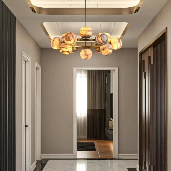 Mid Century Modern Sputnik 12 Light Gold Alabaster Globe Chandelier - Arialamps