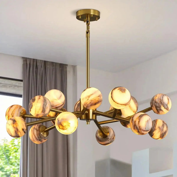 Mid Century Modern Sputnik 12 Light Gold Alabaster Globe Chandelier - Arialamps