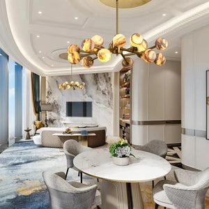 Mid Century Modern Sputnik 12 Light Gold Alabaster Globe Chandelier - Arialamps