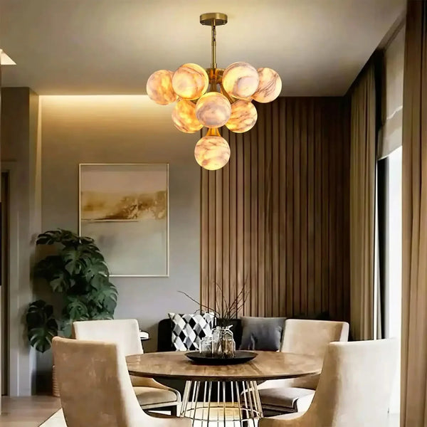 Mid Century Modern Sputnik 12 Light Gold Alabaster Globe Chandelier - Arialamps