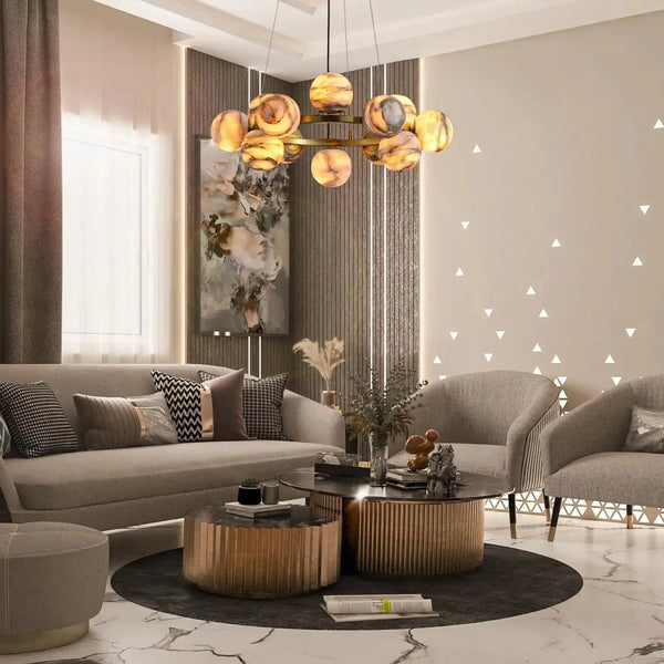 Mid Century Modern Sputnik 12 Light Gold Alabaster Globe Chandelier - Arialamps