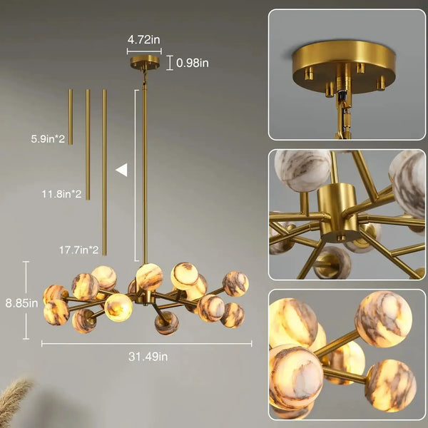 Mid Century Modern Sputnik 12 Light Gold Alabaster Globe Chandelier - Arialamps