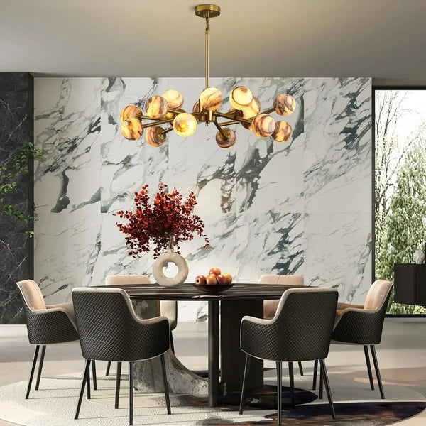 Mid Century Modern Sputnik 12 Light Gold Alabaster Globe Chandelier - Arialamps