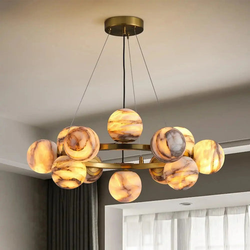 Mid Century Modern Sputnik 12 Light Gold Alabaster Globe Chandelier - Arialamps