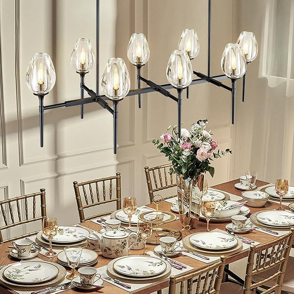 Modern Black 8-Light 52in Rectangle Crystal Pendant Chandelier for Dining