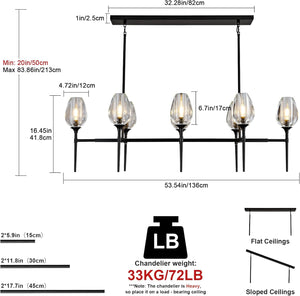 Modern Black 8-Light 52in Rectangle Crystal Pendant Chandelier for Dining