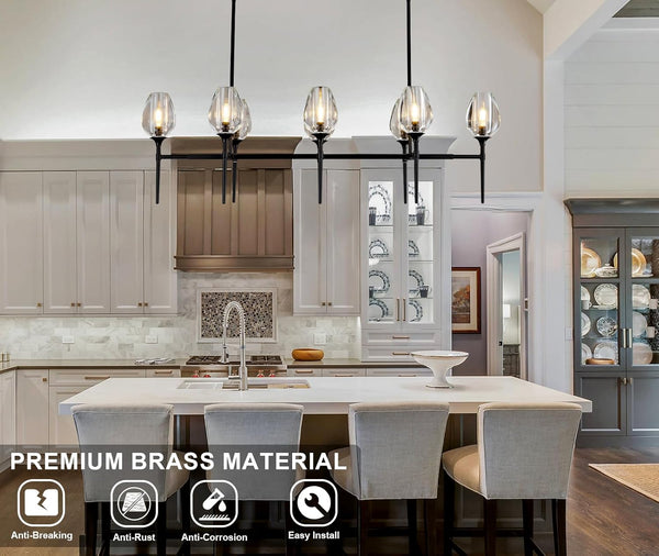 Modern Black 8-Light 52in Rectangle Crystal Pendant Chandelier for Dining