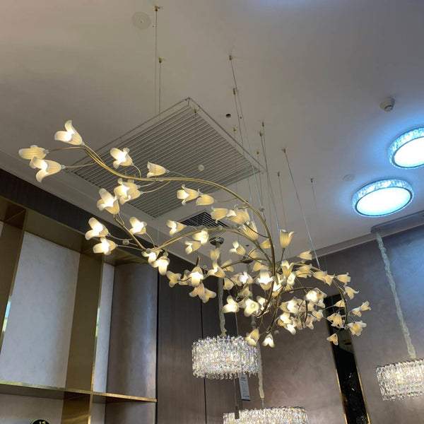 Modern Brass Branch Ceramics Flower Chandelier for Stylish Living Room Hotel and Restaurant-Chandeliers-Arialamps