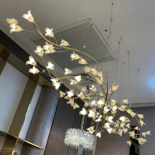 Modern Brass Branch Ceramics Flower Chandelier for Stylish Living Room Hotel and Restaurant-Chandeliers-Arialamps