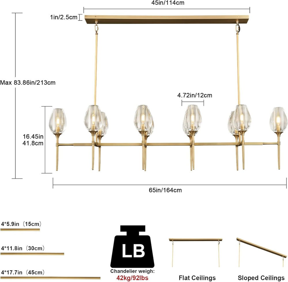 Modern Crystal Chandelier 10 Lights Brass 65in Gold Rectangle K9 Pendant Light