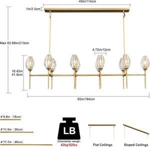 Modern Crystal Chandelier 10 Lights Brass 65in Gold Rectangle K9 Pendant Light