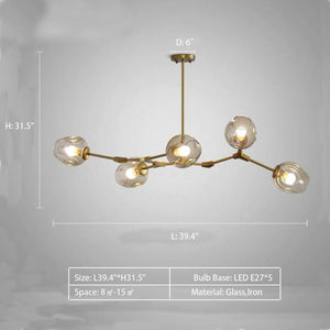 5Heads: L39.4"*H31.5" Gaia 5 - Light Sputnik Modern Linear Chandelier,chandelier,chandeliers,glass,metal,iron,cup,branch,fashion,trendy,multi-head,pendant,extra large,oversize,large,huge,big,long table,big table,kitchen island,kitchen bar,dining table,dining bar