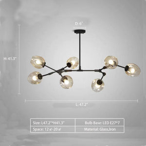 7Heads: L47.2"*H41.3" Gaia 5 - Light Sputnik Modern Linear Chandelier,chandelier,chandeliers,glass,metal,iron,cup,branch,fashion,trendy,multi-head,pendant,extra large,oversize,large,huge,big,long table,big table,kitchen island,kitchen bar,dining table,dining bar