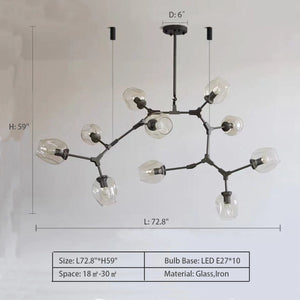 10Heads: L72.8"*H59.0" Gaia 5 - Light Sputnik Modern Linear Chandelier,chandelier,chandeliers,glass,metal,iron,cup,branch,fashion,trendy,multi-head,pendant,extra large,oversize,large,huge,big,long table,big table,kitchen island,kitchen bar,dining table,dining bar