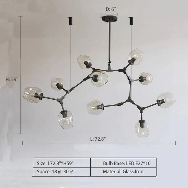 10Heads: L72.8"*H59.0" Gaia 5 - Light Sputnik Modern Linear Chandelier,chandelier,chandeliers,glass,metal,iron,cup,branch,fashion,trendy,multi-head,pendant,extra large,oversize,large,huge,big,long table,big table,kitchen island,kitchen bar,dining table,dining bar