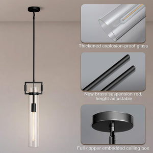 Modern Large Black Pendant Light Fixture Set of 2-21.6 Inch Adjustable Hanging Chandelier with Glass Shade & Brass Finish, Farmhouse Island Lighting for Kitchen, Dining Room, Bathroom