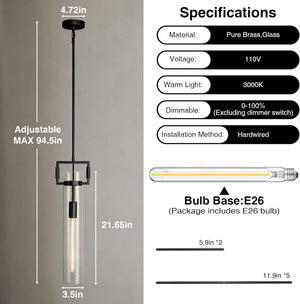 Modern Large Black Pendant Light Fixture Set of 2-21.6 Inch Adjustable Hanging Chandelier with Glass Shade & Brass Finish, Farmhouse Island Lighting for Kitchen, Dining Room, Bathroom