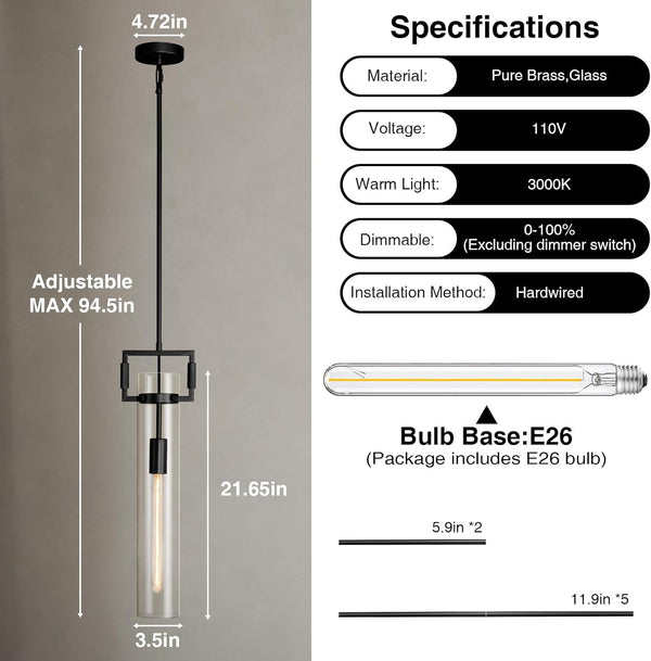 Modern Large Black Pendant Light Fixture Set of 2-21.6 Inch Adjustable Hanging Chandelier with Glass Shade & Brass Finish, Farmhouse Island Lighting for Kitchen, Dining Room, Bathroom