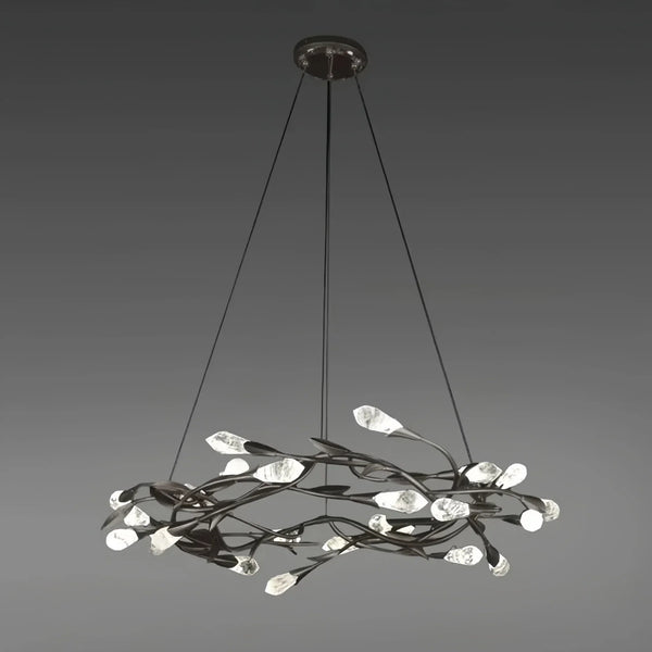 Modern Linear/Round Floral Branches Crystal Chandelier-Round/D35.4"*H8.5"(D90cm*H21.6cm)-Black-Warm Light-Arialamps