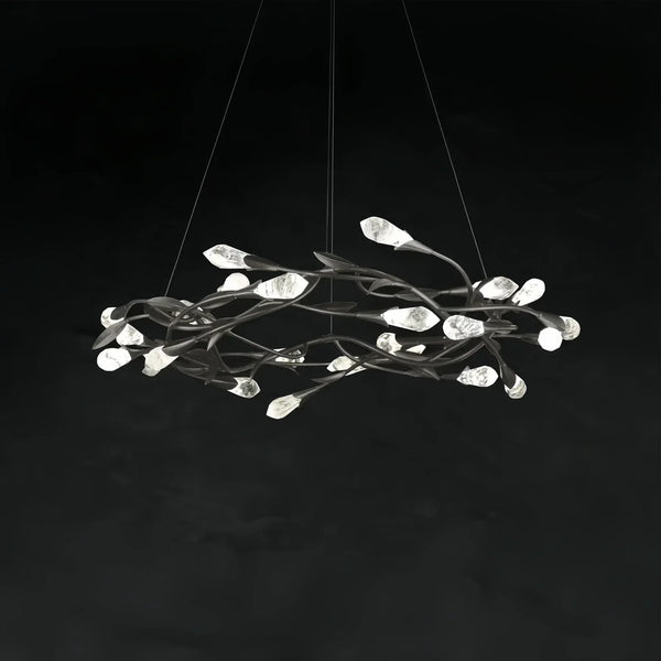 Modern Linear/Round Floral Branches Crystal Chandelier-Round/D35.4"*H8.5"(D90cm*H21.6cm)-Black-Dimmable White Light-Arialamps