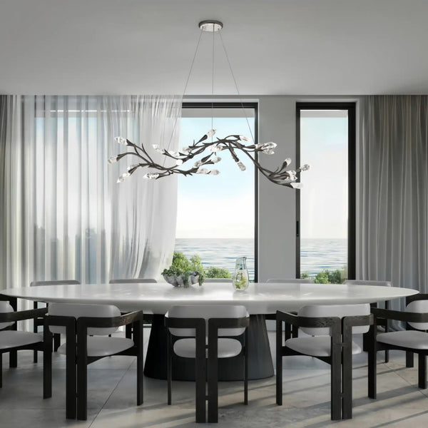 Modern Linear/Round Floral Branches Crystal Chandelier-Linear/L56.3"*W15.5"*H11.9"(L143cm*W39.4cm*H30.2cm)-Black-Warm Light-Arialamps