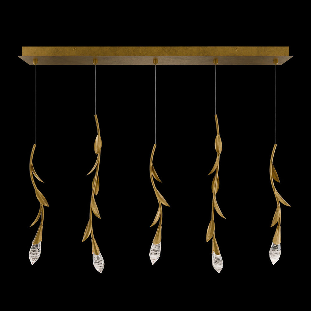 Modern Luxury Floating Branches Floral Crystal Chandelier with Rectangular Canopy for High-ceiling-5 Lights/L40"*W5.5"*H118.1"(L101.6cm*W14cm*H300cm)-Gold-Warm Light-Arialamps