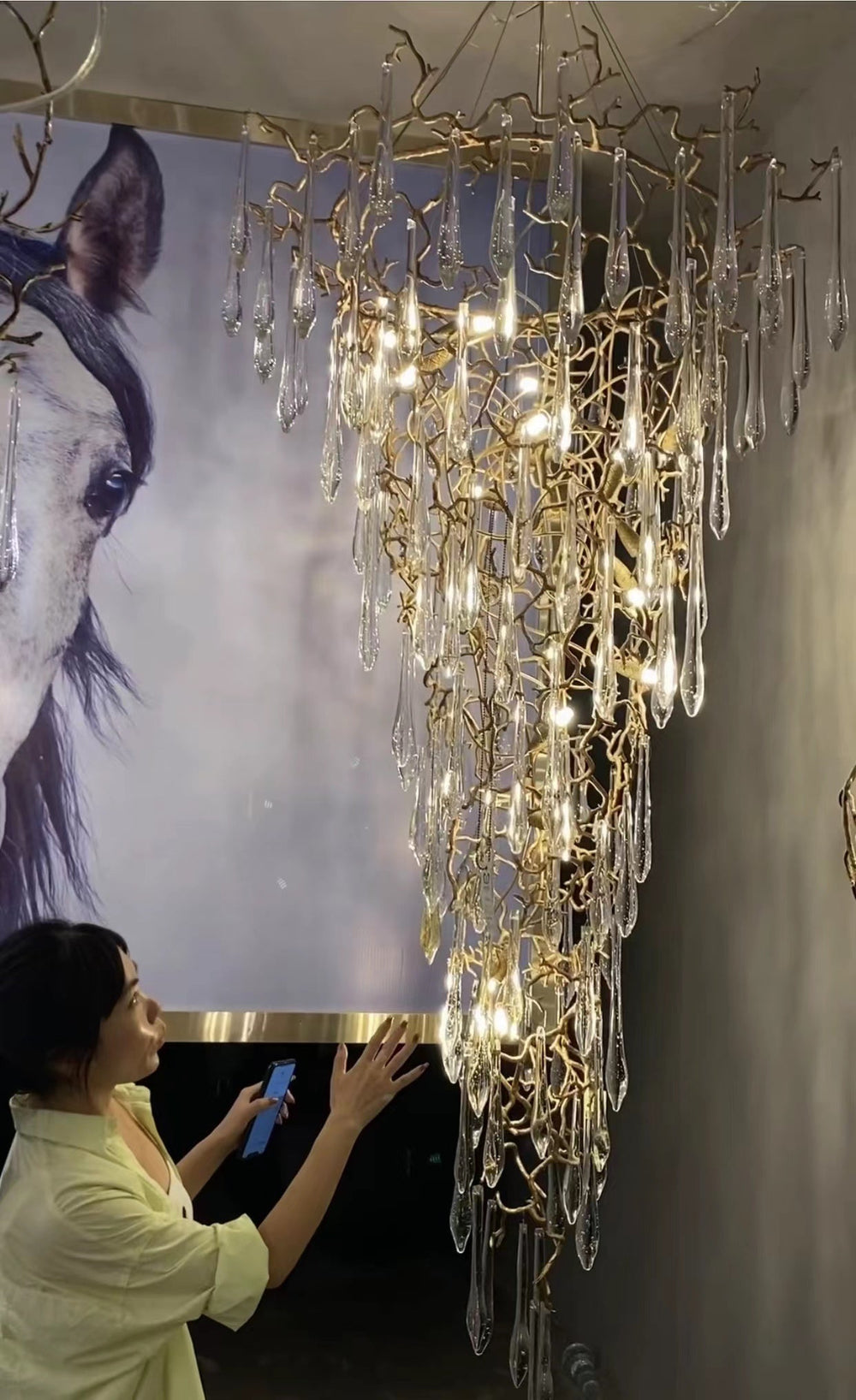 Modern Oversized Luxury Copper Crystal Long Crystal Branch Air Bubble Drop Staircase Light fixture-Chandeliers-Arialamps