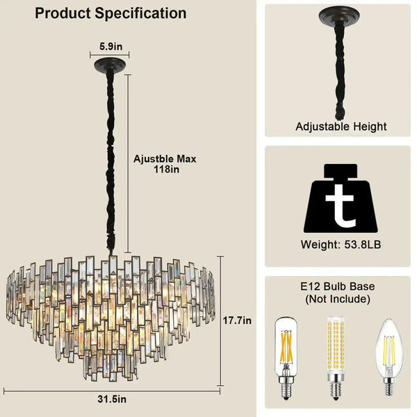 Modern Round Luxury K9 Crystal Chandelier for Dining Room Entryway Foyer - Arialamps