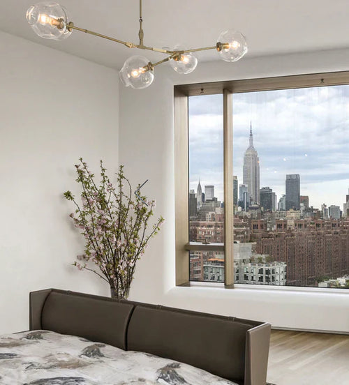 Modern Sputnik Smoky Gray/Amber Glass Branch Chandelier for Kitchen Island/Dining Room-Chandeliers-5 Globes/W64.2"*D20.86"*H20.87"-Brass Finish/Clear Glass-Warm Light-Arialamps