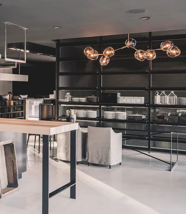 Modern Sputnik Smoky Gray/Amber Glass Branch Chandelier for Kitchen Island/Dining Room-Chandeliers-9 Globes/W79.9"*25.2"*H20.87"-Brass Finish/Clear Glass-Warm Light-Arialamps