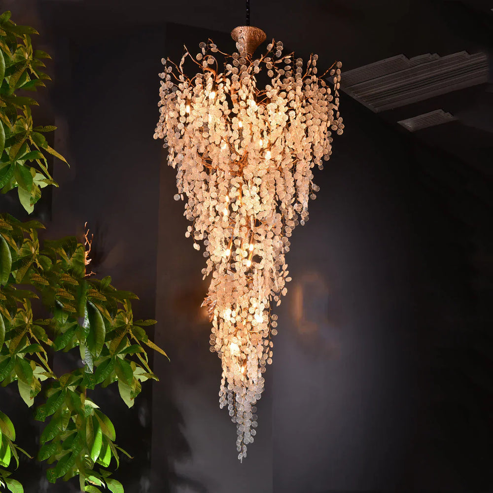 Modern Unique Artistic Flower Brass Branch Semi-flush Mount Chandelier for Living Room/ Hallway/ Entryway/ Staircase-Chandeliers-Arialamps
