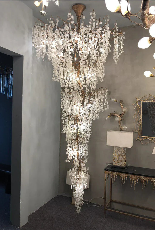 Modern Unique Artistic Flower Brass Branch Semi-flush Mount Chandelier for Living Room/ Hallway/ Entryway/ Staircase-Chandeliers-Arialamps