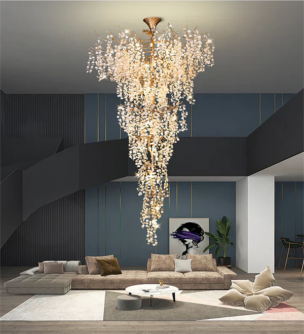 Modern Unique Artistic Flower Brass Branch Semi-flush Mount Chandelier for Living Room/ Hallway/ Entryway/ Staircase-Chandeliers-Arialamps