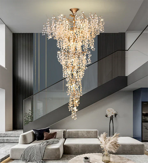 Modern Unique Artistic Flower Brass Branch Semi-flush Mount Chandelier for Living Room/ Hallway/ Entryway/ Staircase-Chandeliers-Arialamps