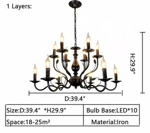 Multi Layer Iron Chandelier with Electronic Candles in Vintage Country Style for Living Room Cafe and Study-