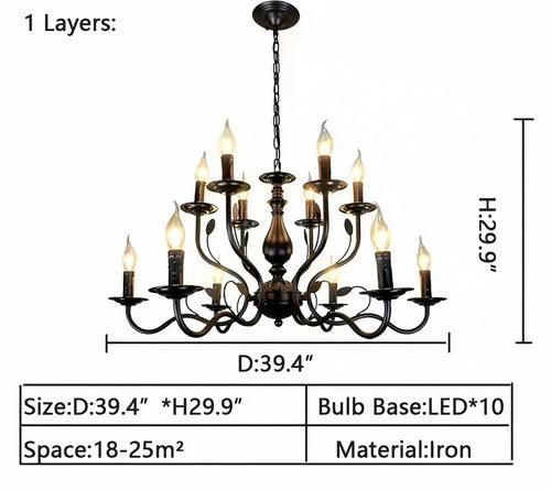 Multi Layer Iron Chandelier with Electronic Candles in Vintage Country Style for Living Room Cafe and Study-