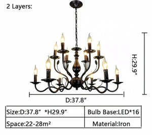 Multi Layer Iron Chandelier with Electronic Candles in Vintage Country Style for Living Room Cafe and Study-