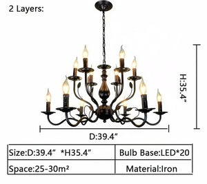 Multi Layer Iron Chandelier with Electronic Candles in Vintage Country Style for Living Room Cafe and Study-
