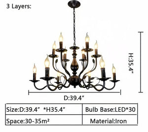 Multi Layer Iron Chandelier with Electronic Candles in Vintage Country Style for Living Room Cafe and Study-