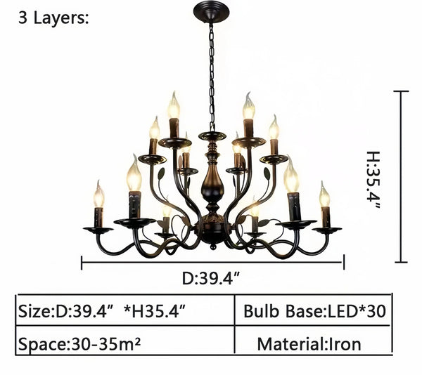 Multi Layer Iron Chandelier with Electronic Candles in Vintage Country Style for Living Room Cafe and Study-