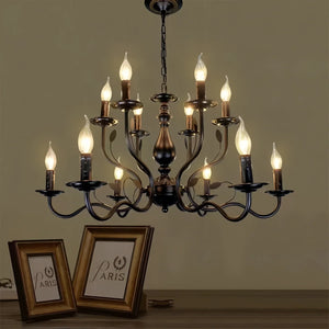 Multi Layer Iron Chandelier with Electronic Candles in Vintage Country Style for Living Room Cafe and Study-