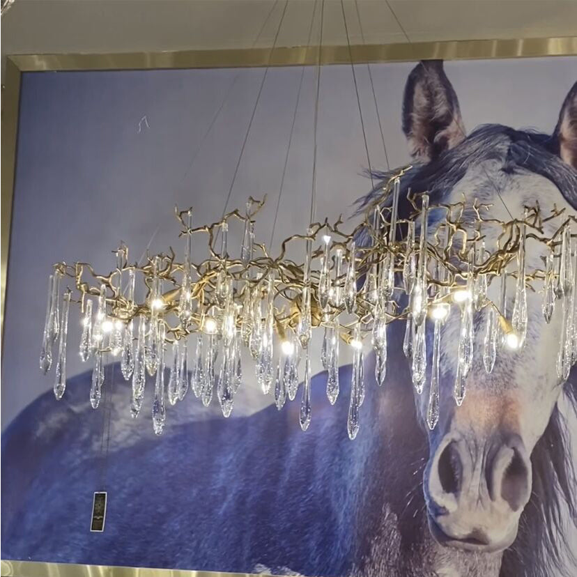 New Clear Crystal Rain Copper Branch Chandelier Modern Designer Pendant Light For Dining Table/Kitchen Island-Chandeliers-Arialamps