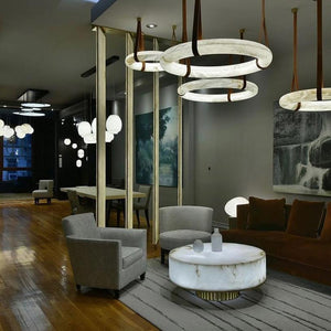 Oslo Pendant Alabaster Chandelier, Halo Ring Chandelier With Leather Chandelier Kevin Studio Inc